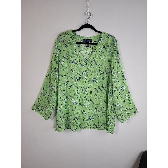 Susan Graver Style Sheer Floral V-Neck Blouse 1X Lime Green Blue Glitter Tunic - Picture 13 of 13